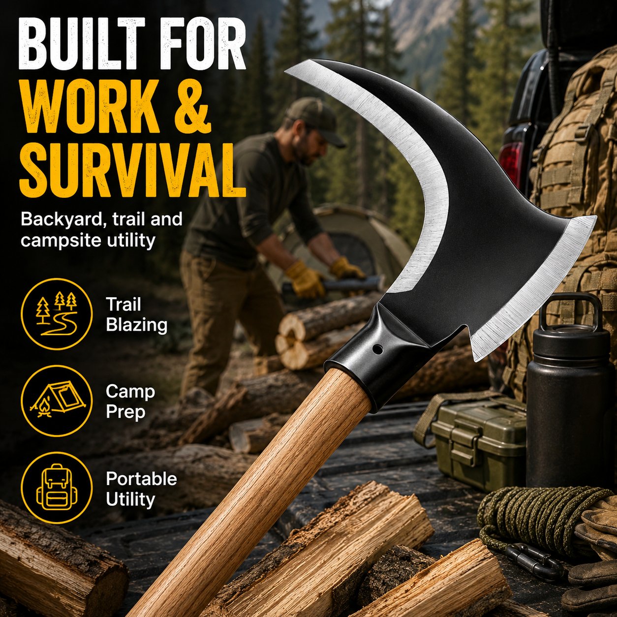 Tactical Dual-Head Clearing Axe & Sickle